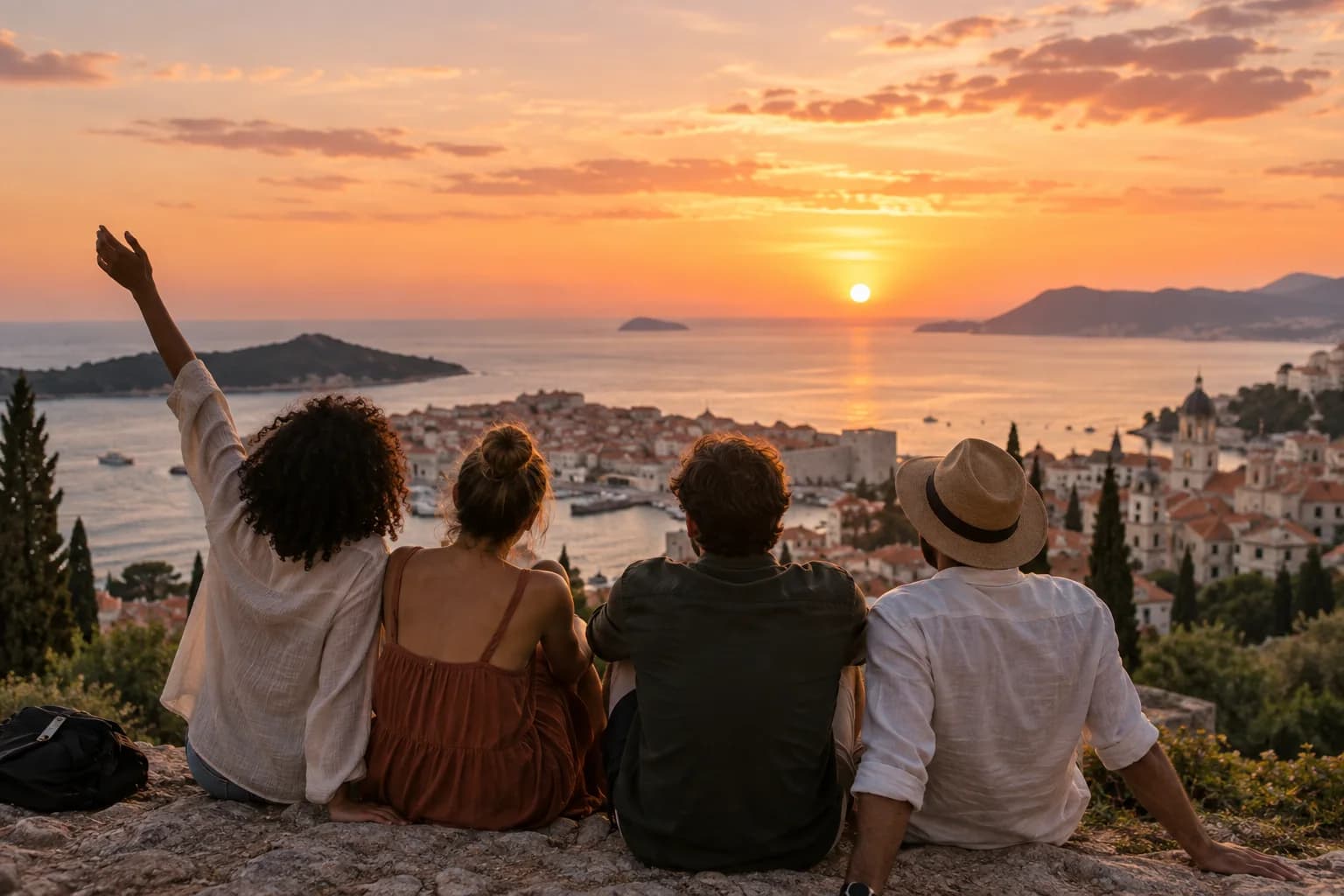 Amigos contemplando una ciudad costera al atardecer